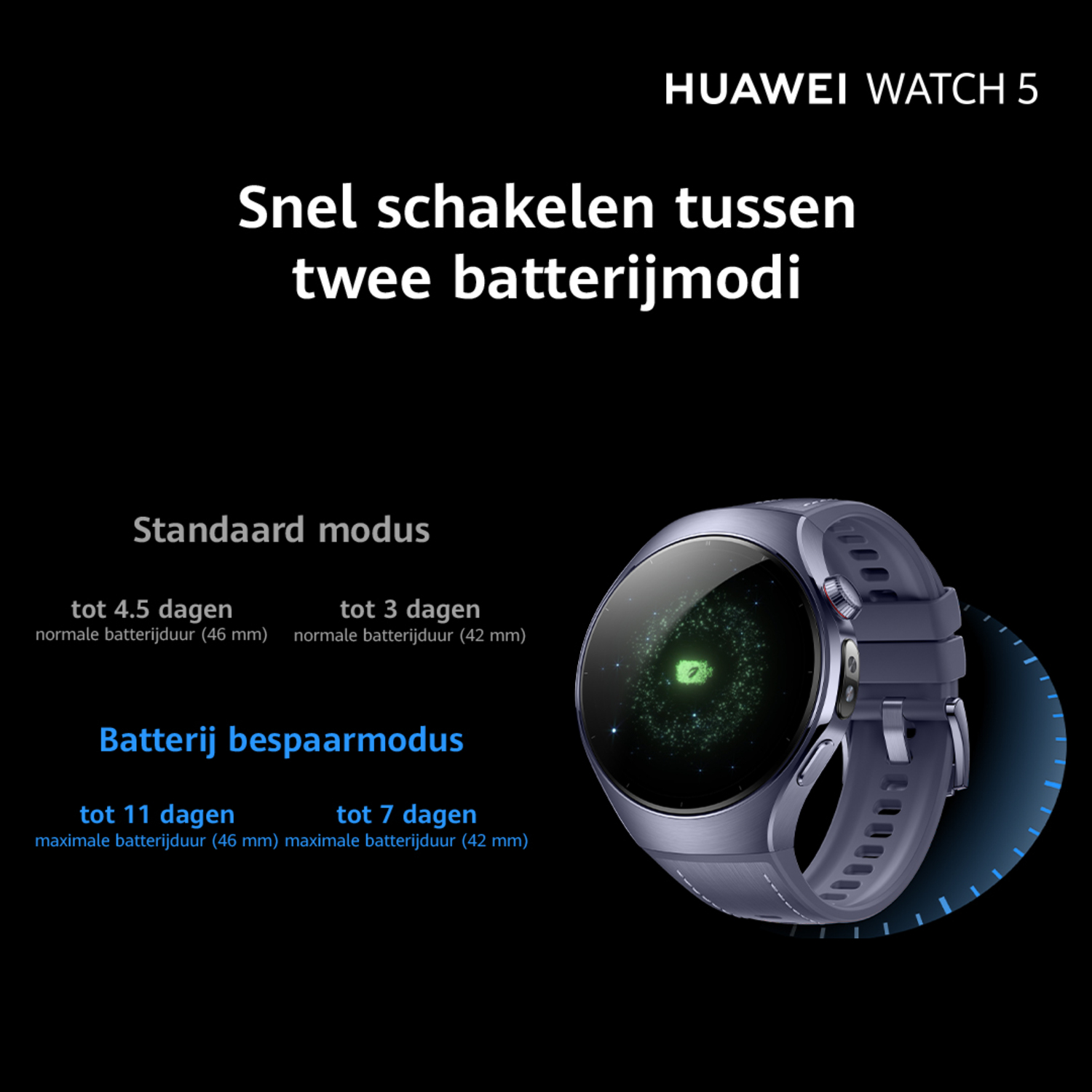 Blauwe Huawei Watch 5. Tekst: Snel schakelen tussen batterijmodi. Toont batterijduur.