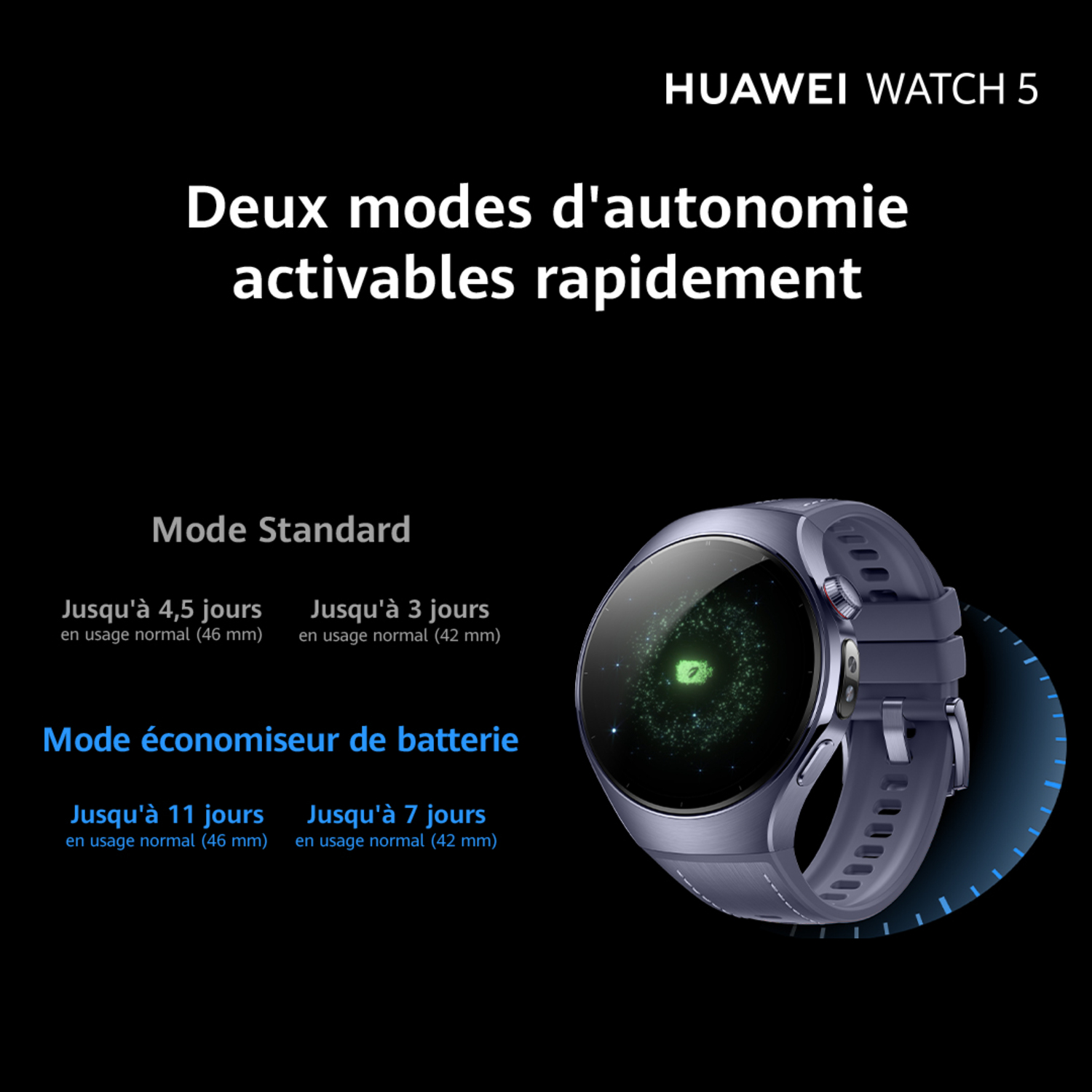 Huawei Watch 5, montrant les données d'autonomie et la montre.