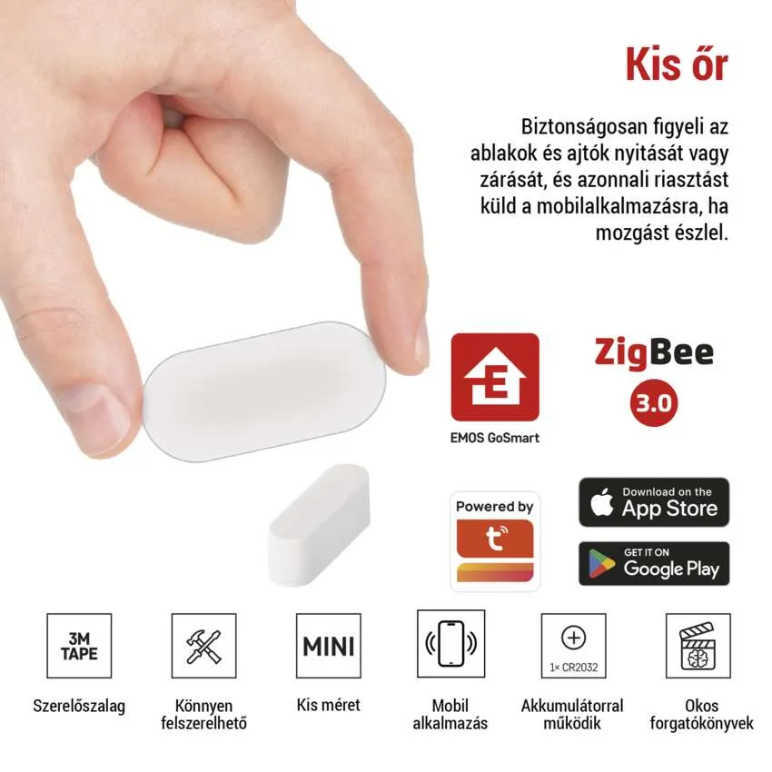 Kéz, amely egy kis fehér ajtóérzékelőt tart, valamint az EMOS GoSmart, a ZigBee 3.0 és az alkalmazás letöltések logóit.