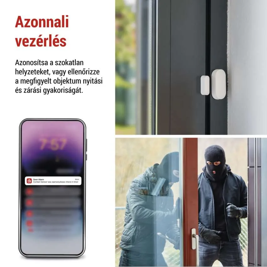 A képen egy ajtóérzékelő és egy okostelefon látható ajtóriasztó értesítéssel, valamint egy betörő.