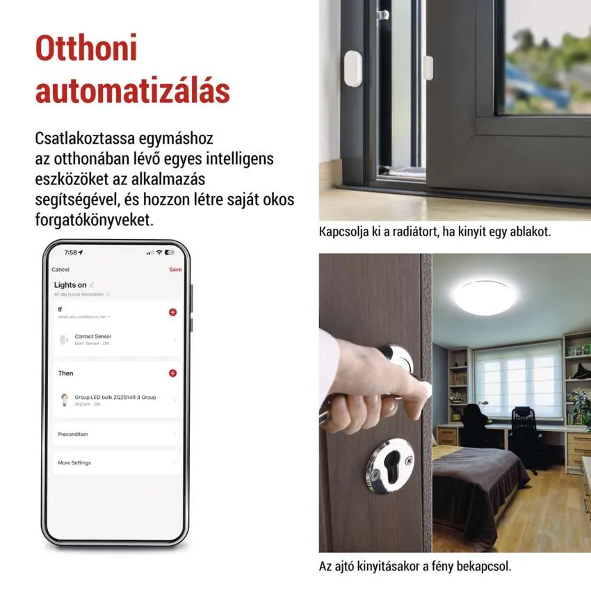 A kép okosotthon automatizálást mutat okostelefonnal, ajtót nyitó, és villanyt felkapcsoló személlyel.