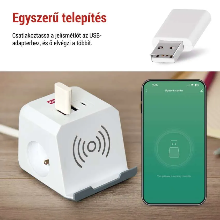 Kép egy USB adaptert, egy telefon képernyőt és egy okos aljzatot mutat.