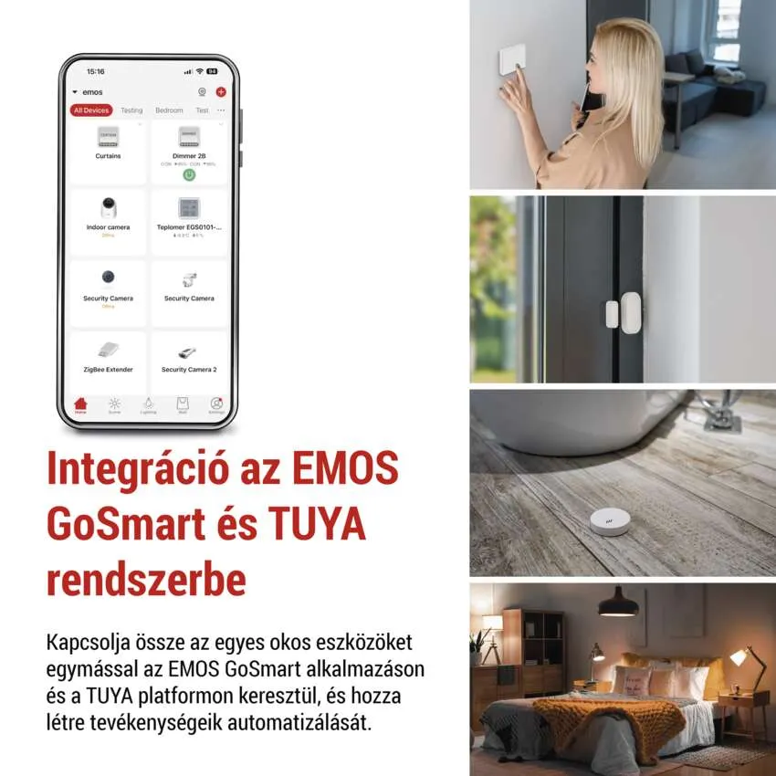 Kép okos otthon integrációt mutat telefonos alkalmazással és otthoni automatizálási eszközökkel.