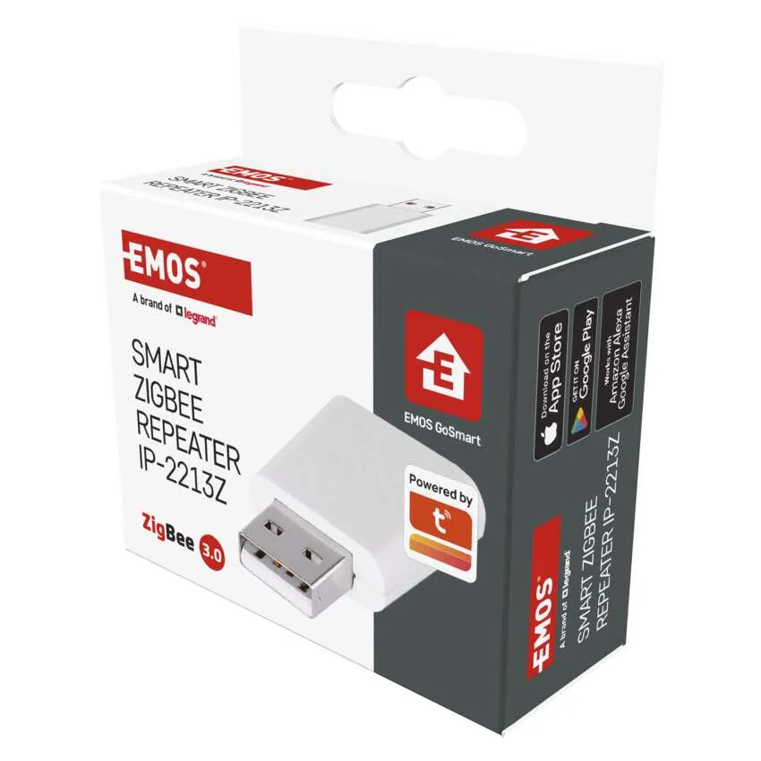Dobozos Smart Zigbee Repeater USB csatlakozóval, EMOS márka, fehér és kék.