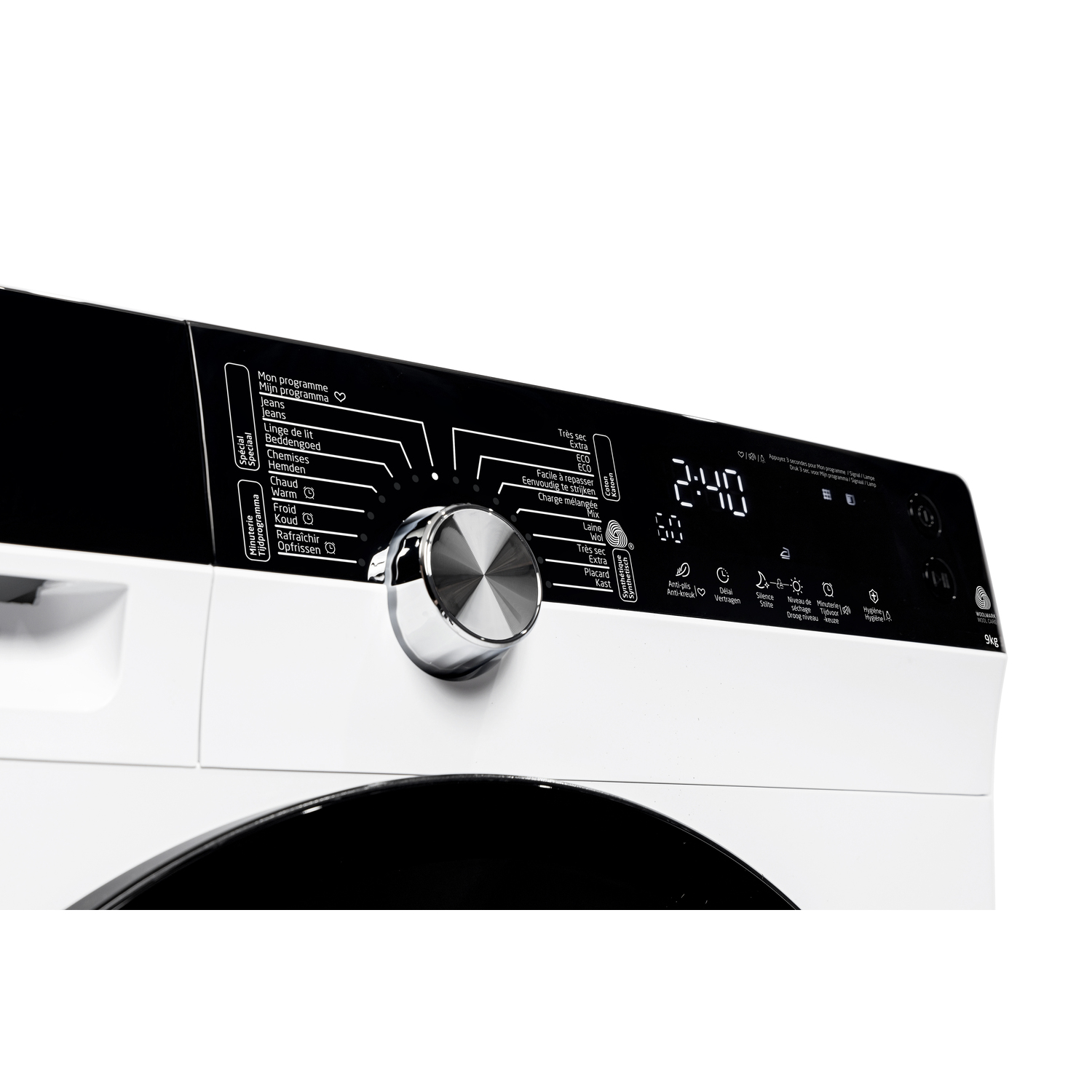 White dryer with open black door, drum visible inside, and control panel.