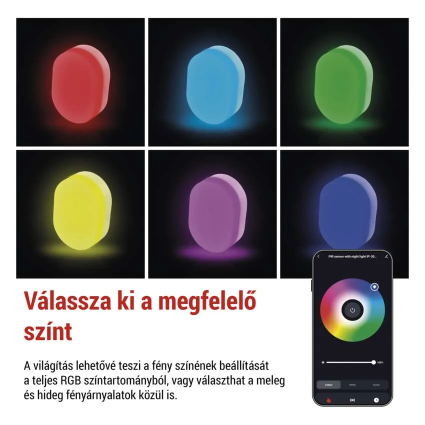 Éjszakai fény dobozban, EMOS márka, alkalmazás logóval és termék részletekkel.
