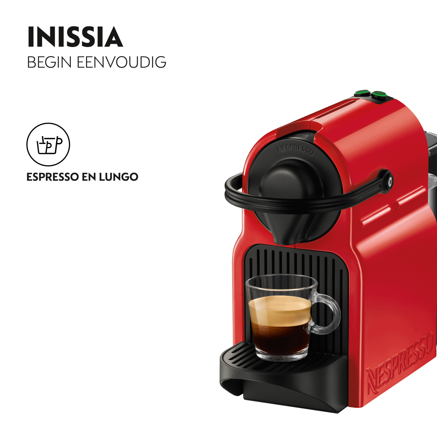 Red coffee machine with a glass cup of coffee. Text on the left says 'ESPRESSO EN LUNGO'.
