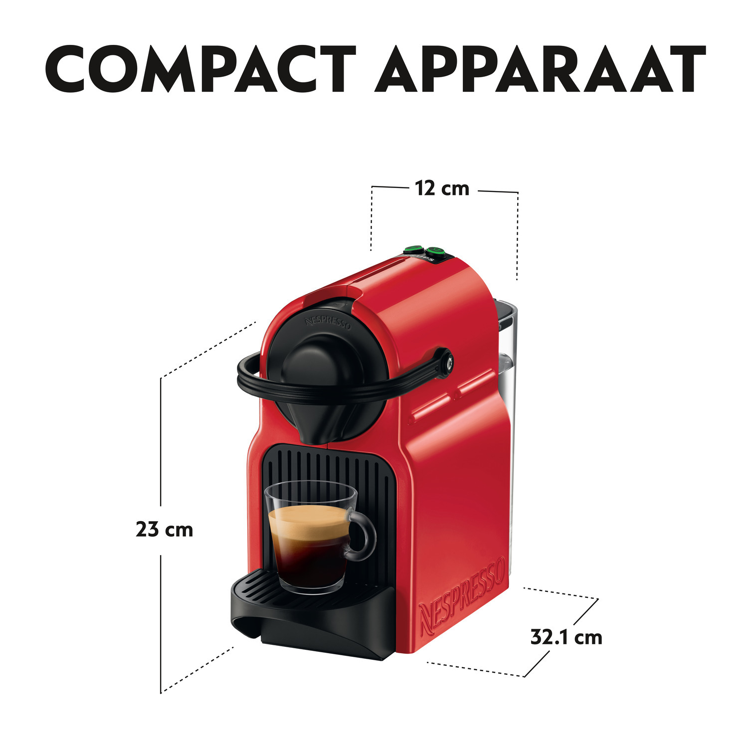 Red coffee machine with a glass cup of coffee. Text dimensions are displayed on the left.