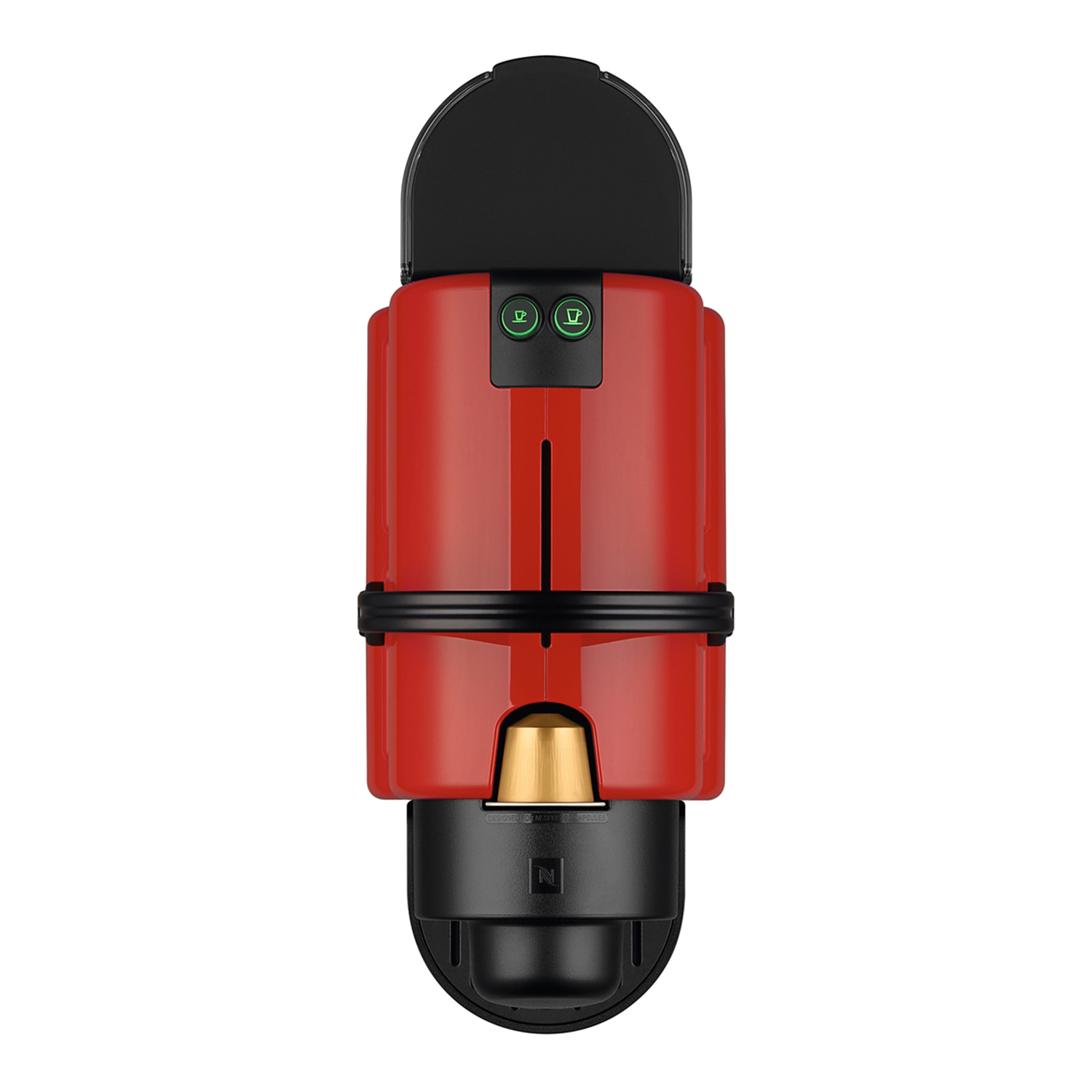 Top view of a red Nespresso machine with a coffee capsule inserted.