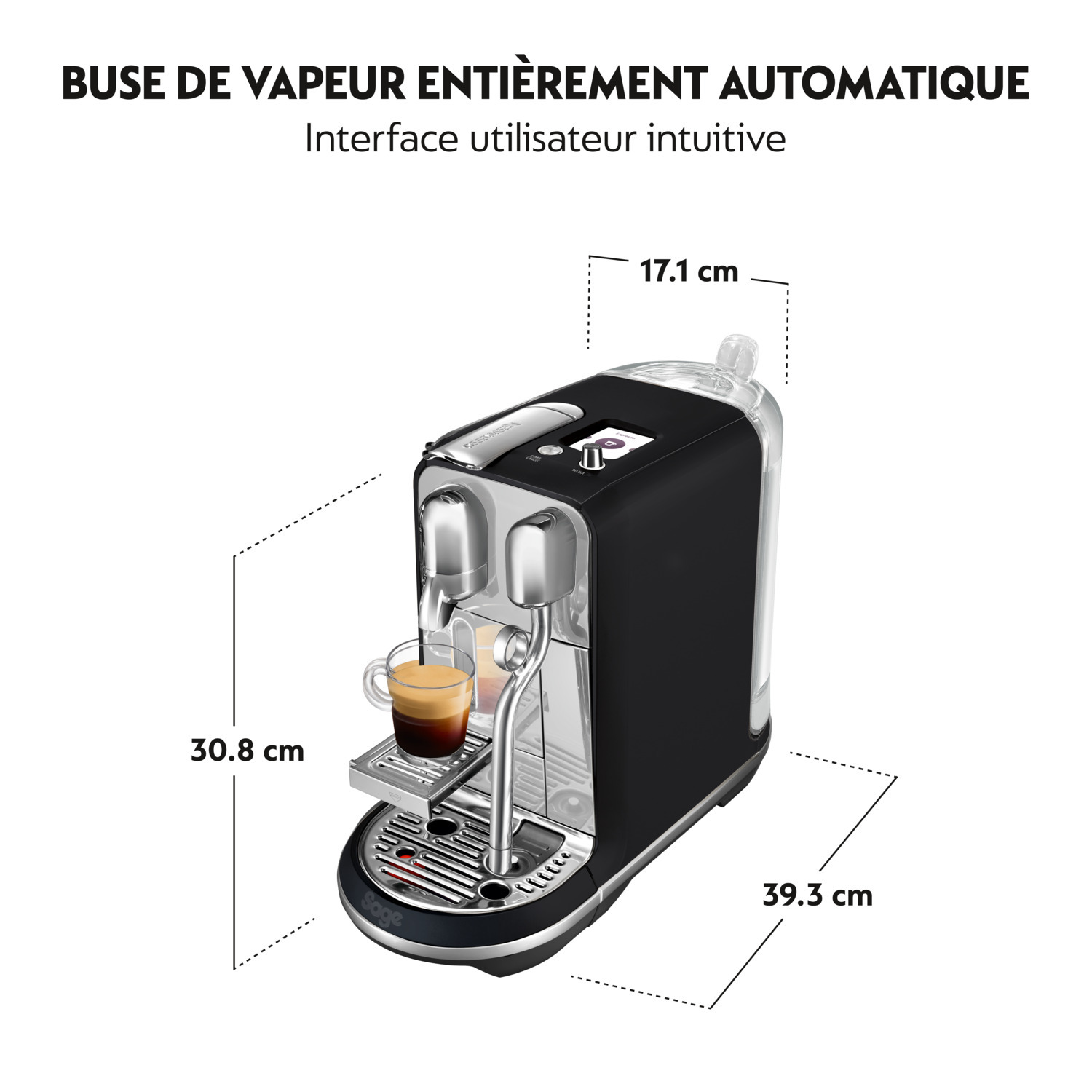 Une machine à café noire avec des dimensions et du texte.