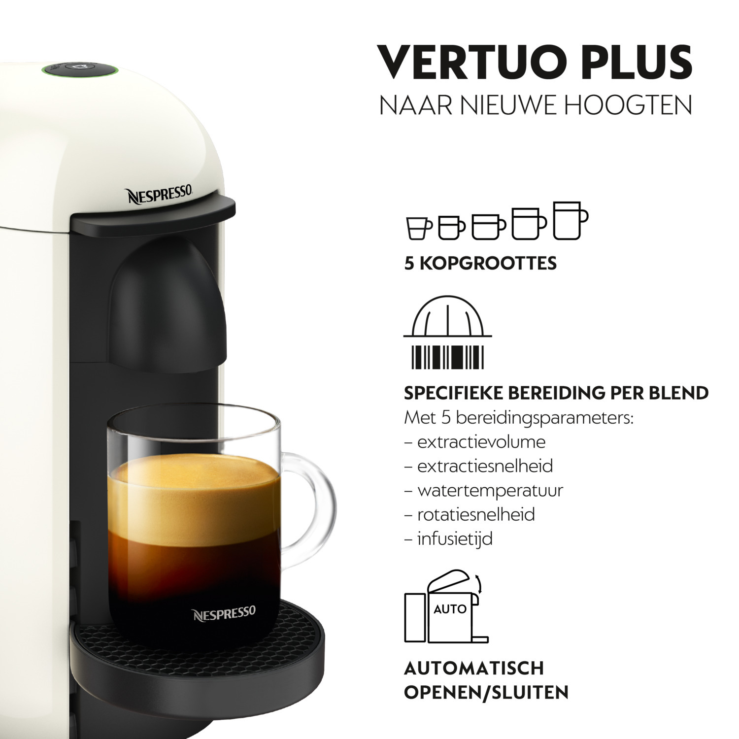 Nespresso machine with a coffee mug and text describing the machine's features and benefits.