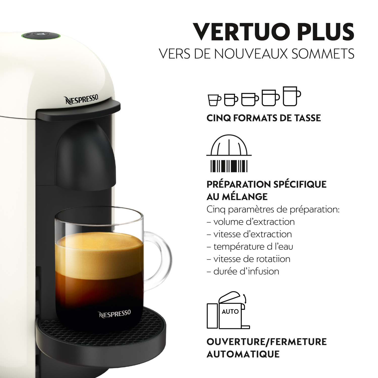 Machine Nespresso avec tasse à café et texte décrivant ses caractéristiques et avantages.