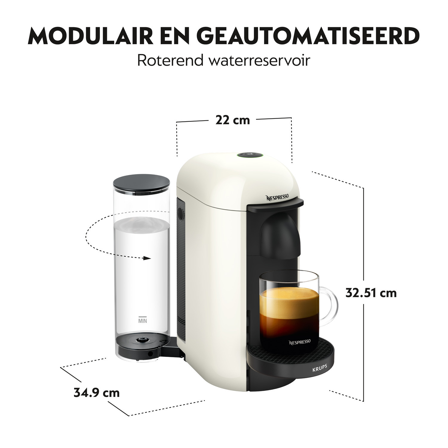 White Nespresso machine with dimensions. It has a rotating water reservoir. The size is displayed.