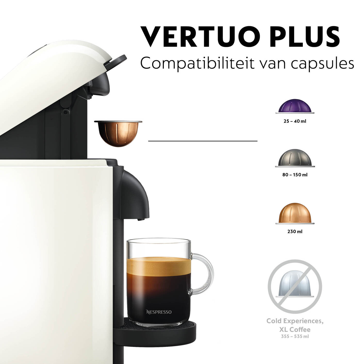 A white coffee machine with coffee capsule options and a glass cup of coffee.