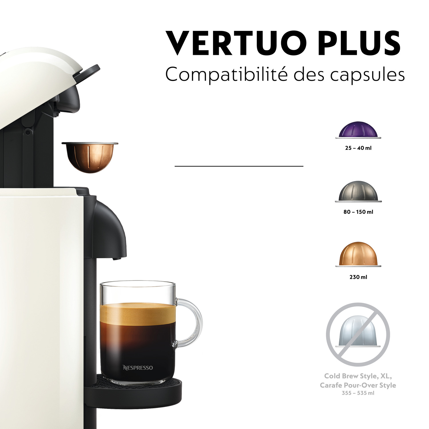 Une machine à café blanche avec options de capsules et une tasse à café en verre.