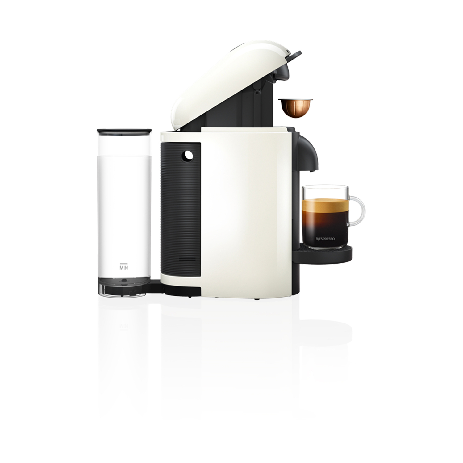 White coffee machine with a cup of coffee and a water container.