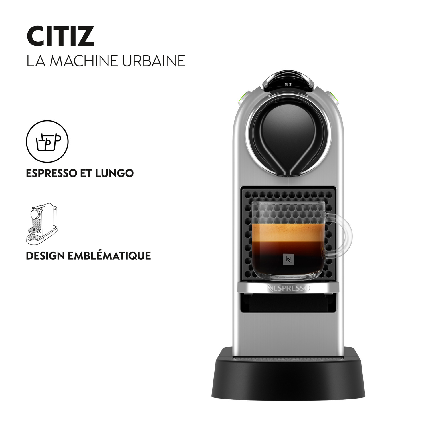 Machine à café argentée avec une tasse de café et du texte.