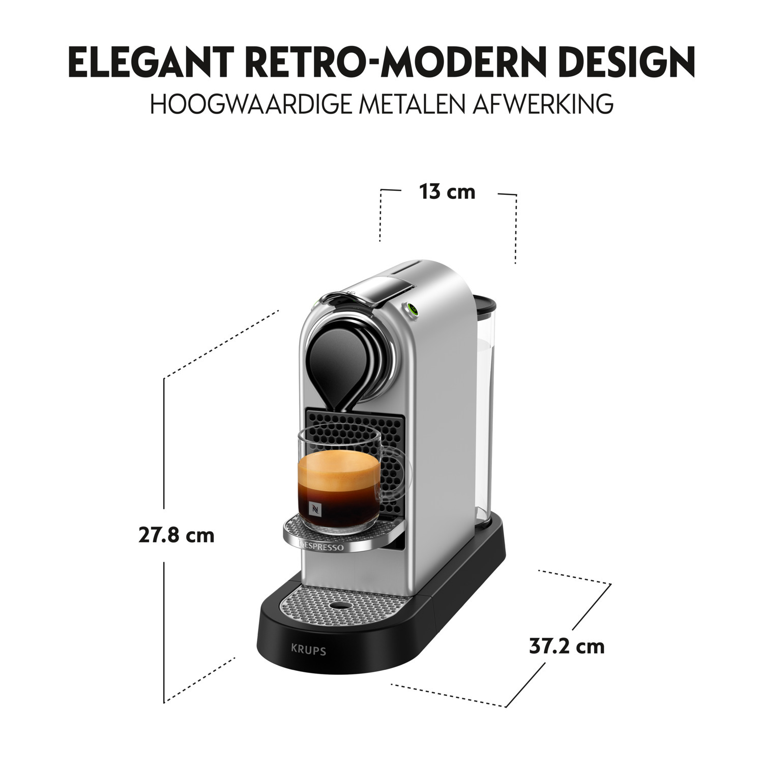 Zilveren koffiemachine met afmetingen. 27,8 cm hoog, 13 cm breed, 37,2 cm lang.
