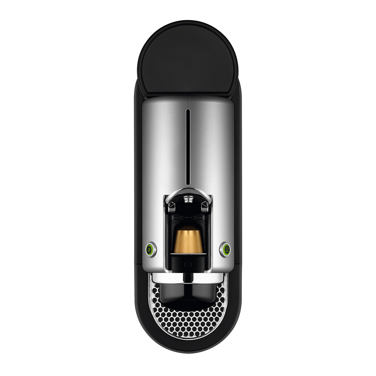 Bovenaanzicht van een zwarte en zilveren Nespresso machine met een koffie capsule.