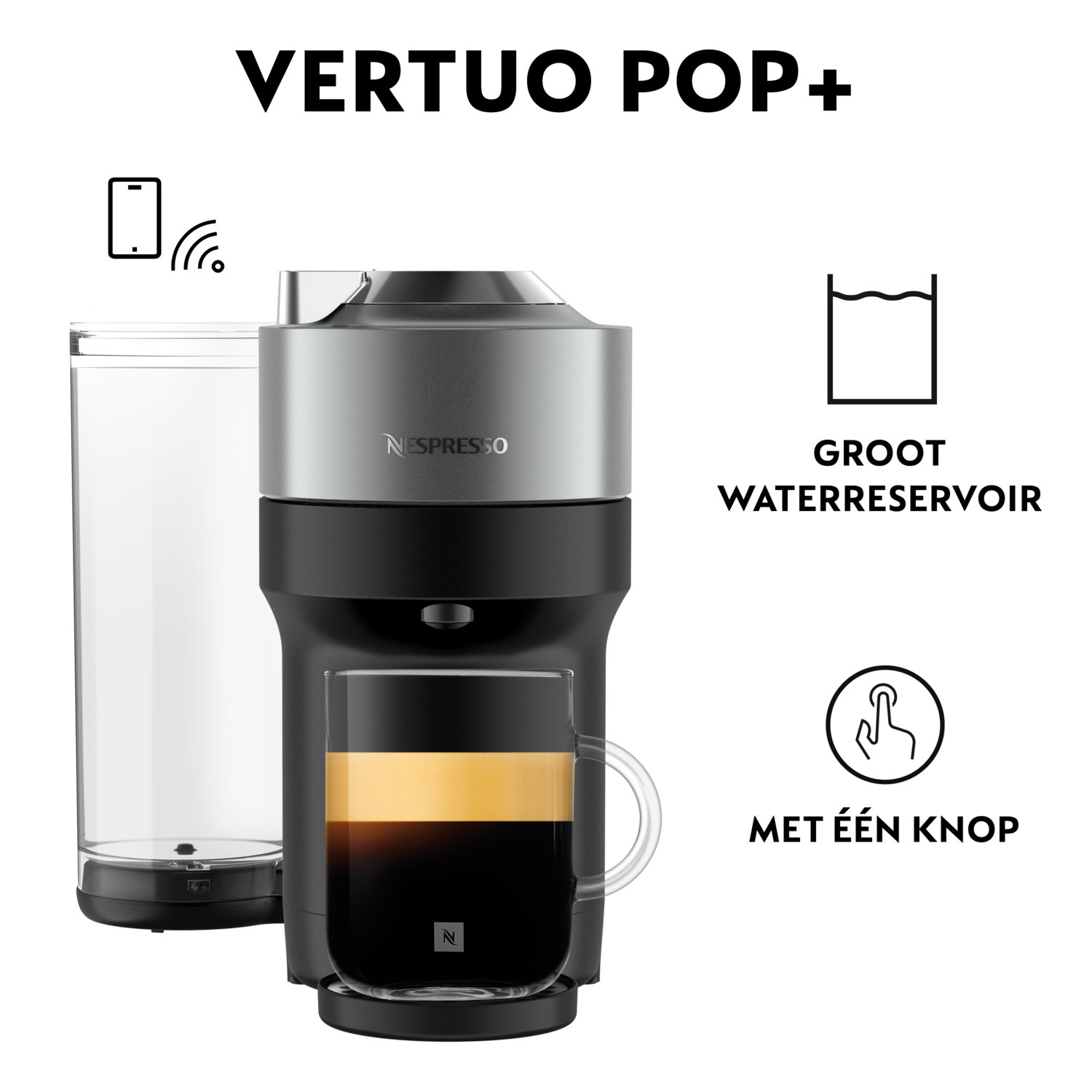 Coffee machine with a cup of coffee, water tank and a button icon.