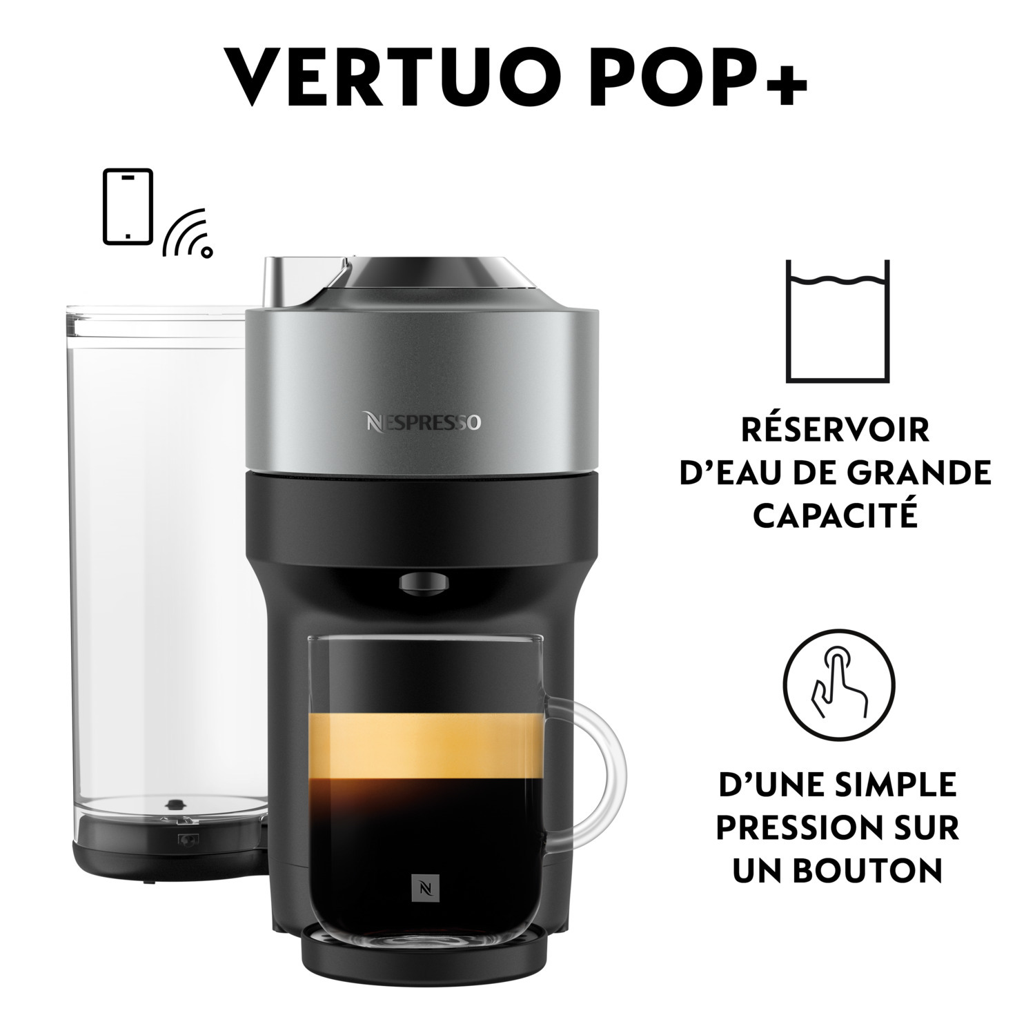 Machine à café avec tasse, réservoir d'eau et icône bouton.