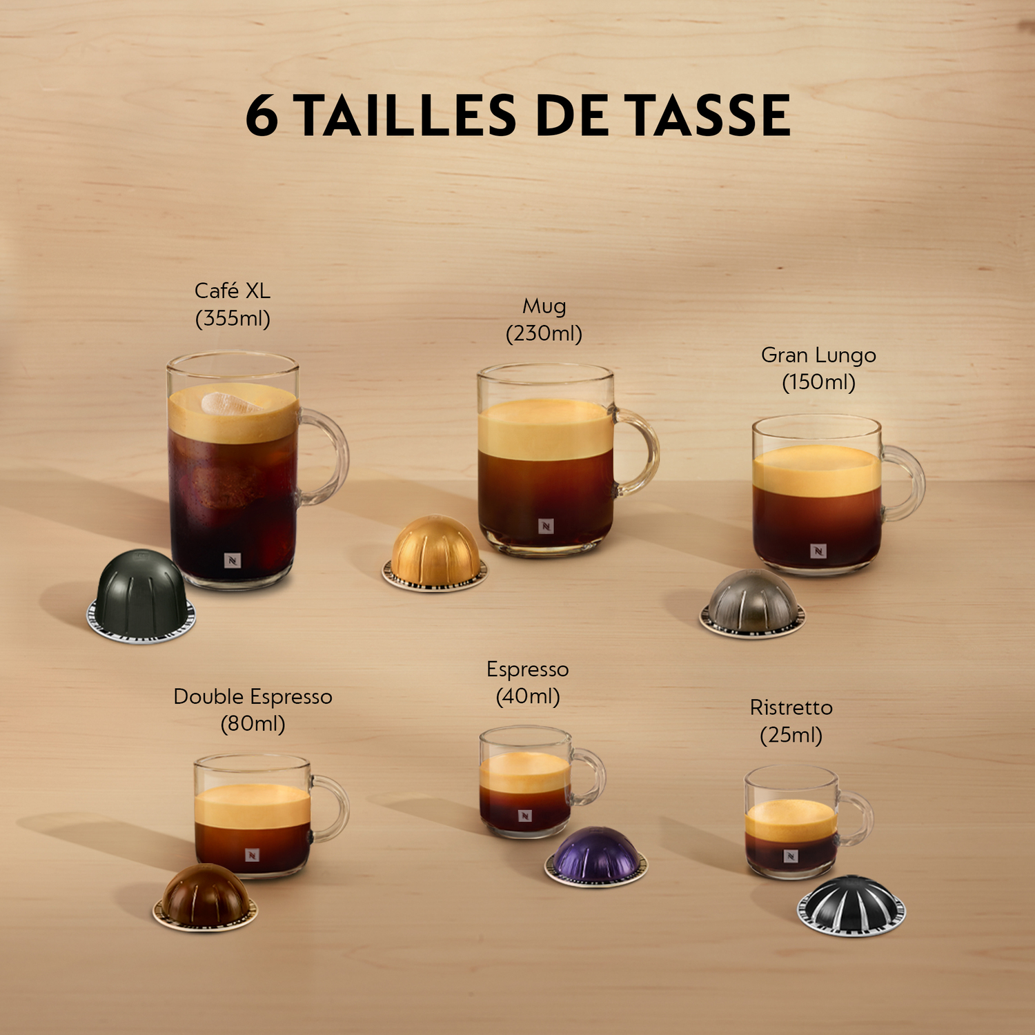 Tasses à café de différentes tailles et capsules de café.