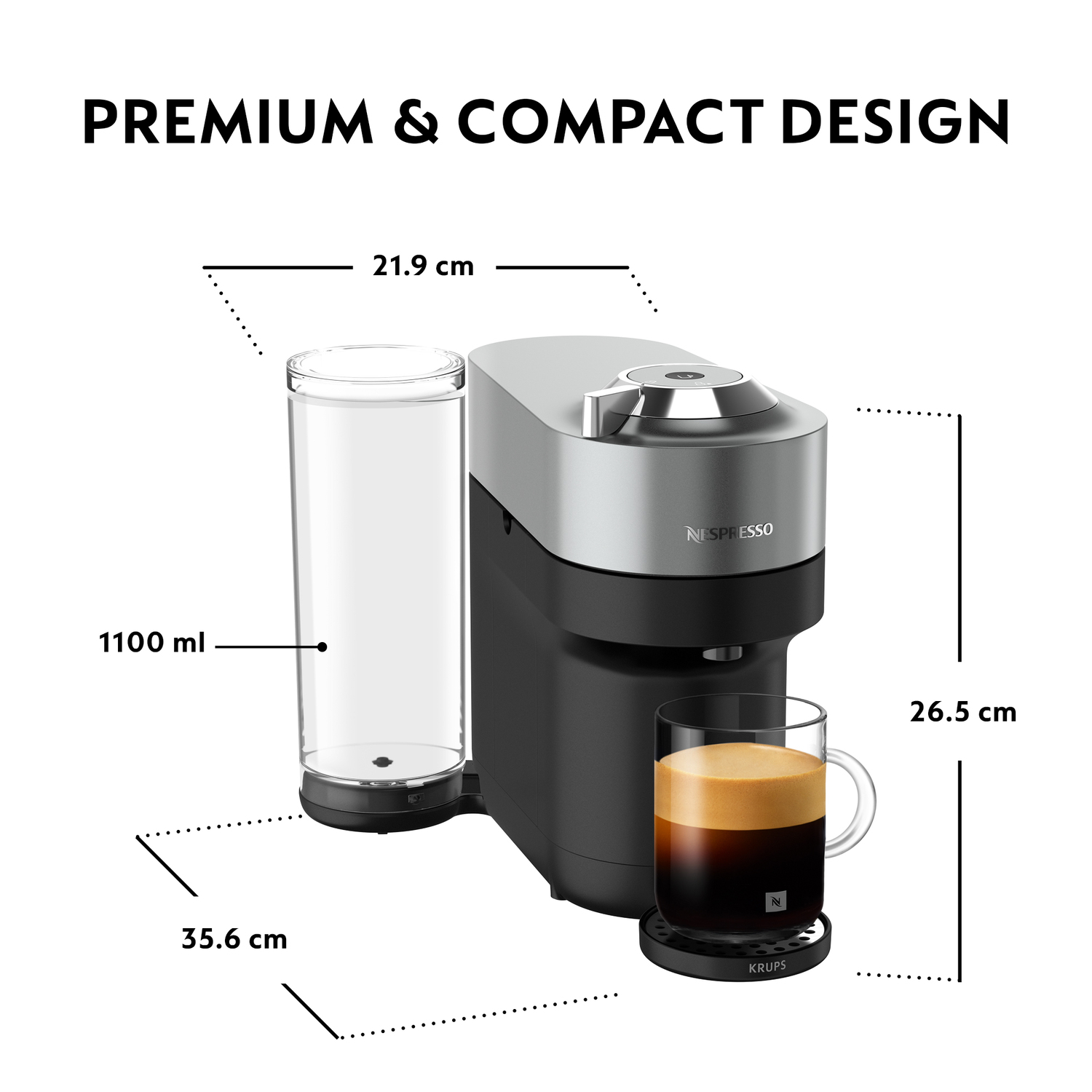 Coffee machine with dimensions, water tank and a cup of coffee.