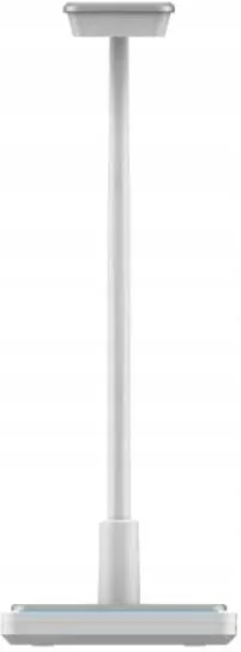 Biała lampa z zakrzywionym ramieniem i prostokątnym światłem u góry. Podstawa jest prostokątna.