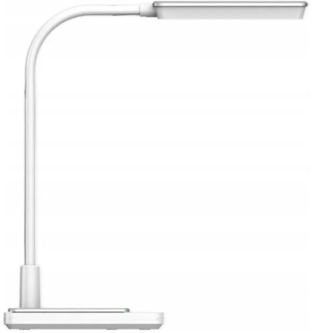 Widok z góry białej lampy z podstawą i zakrzywionym ramieniem. Przyciski znajdują się na podstawie.