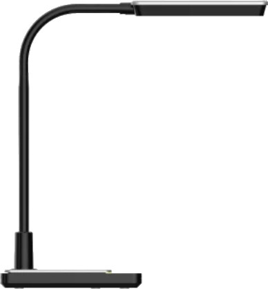 Czarna lampa biurkowa z prostokątną głowicą i zakrzywionym ramieniem, połączona z prostokątną podstawą. Srebrne akcenty.