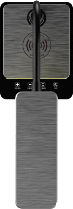 Czarna i szara ładowarka bezprzewodowa z podkładką ładującą, przyciskiem zasilania i długim czarnym kablem.