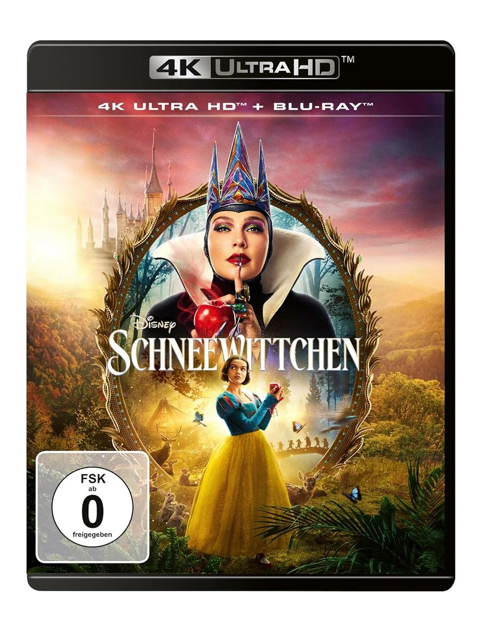Schneewittchen DVD-Cover. Böse Königin, Apfel haltend, Schneewittchen im gelben Kleid.