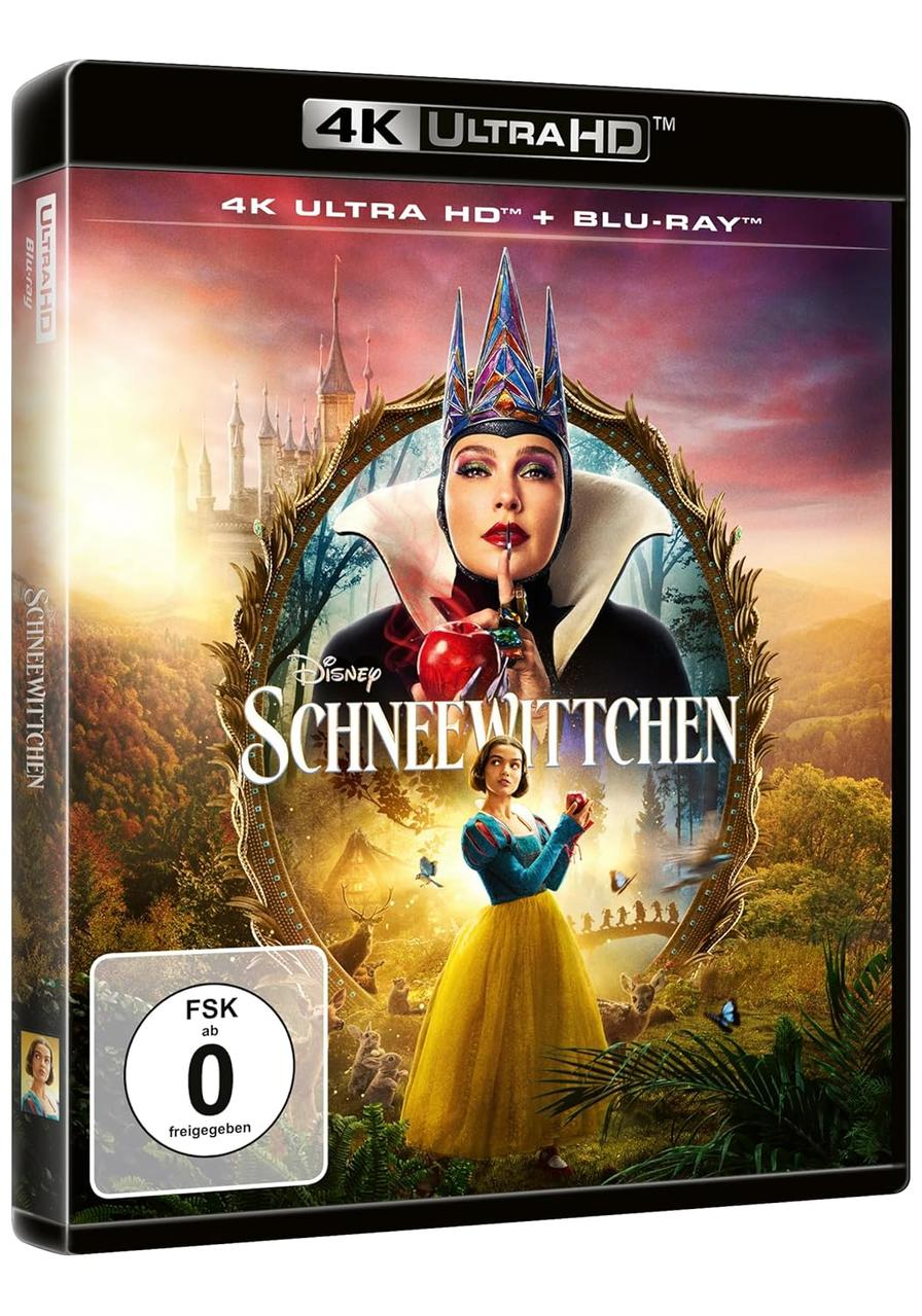 Schneewittchen DVD-Cover. Böse Königin, Apfel haltend, Schneewittchen im gelben Kleid.