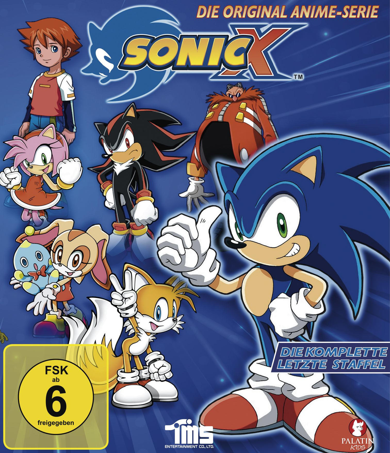 Sonic X DVD-Cover mit Sonic, Tails, Shadow und anderen. Blauer Hintergrund.