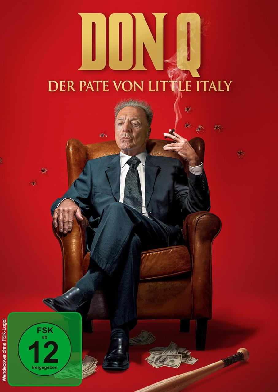 DVD-Cover: Mann im Anzug raucht Zigarre, sitzt in Stuhl, mit Geld & Baseballschläger. Rot.