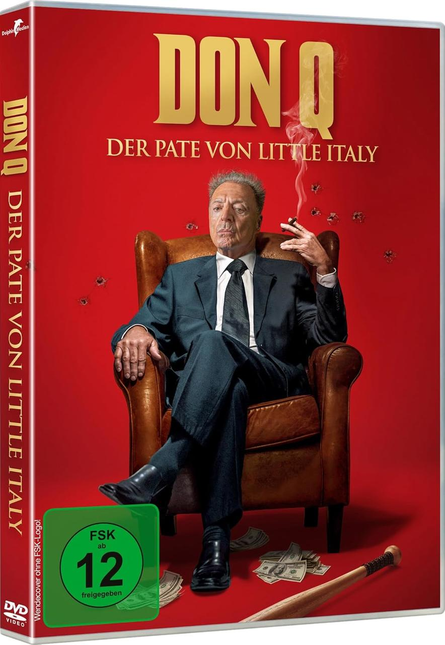 DVD-Cover: Mann im Anzug raucht Zigarre, sitzt in Stuhl, mit Geld & Baseballschläger. Rot.