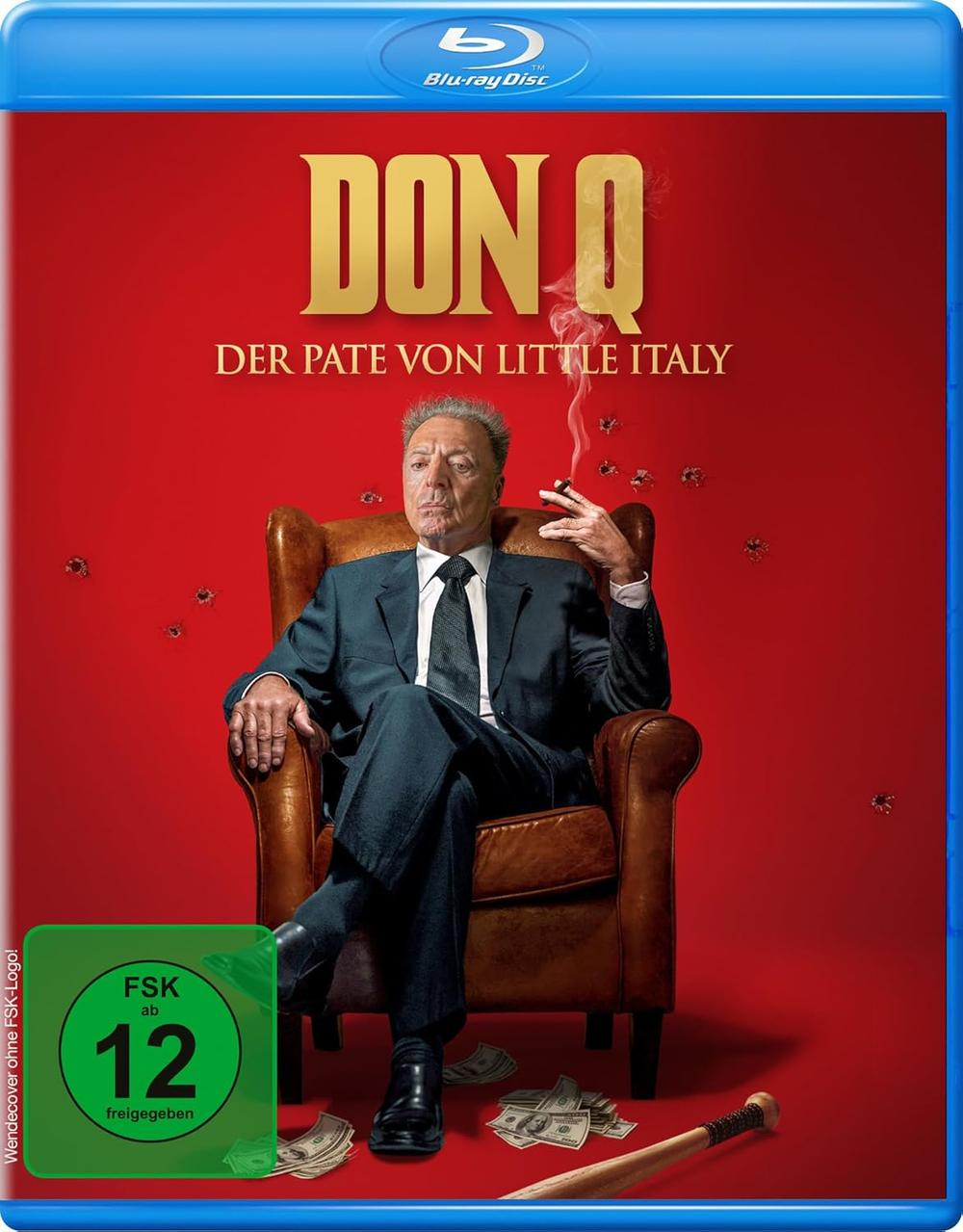 Filmcover: Don Q, Mann im Anzug, rauchend, mit Geld und einem Baseballschläger. Roter Hintergrund, Blu-ray Disc Logo.