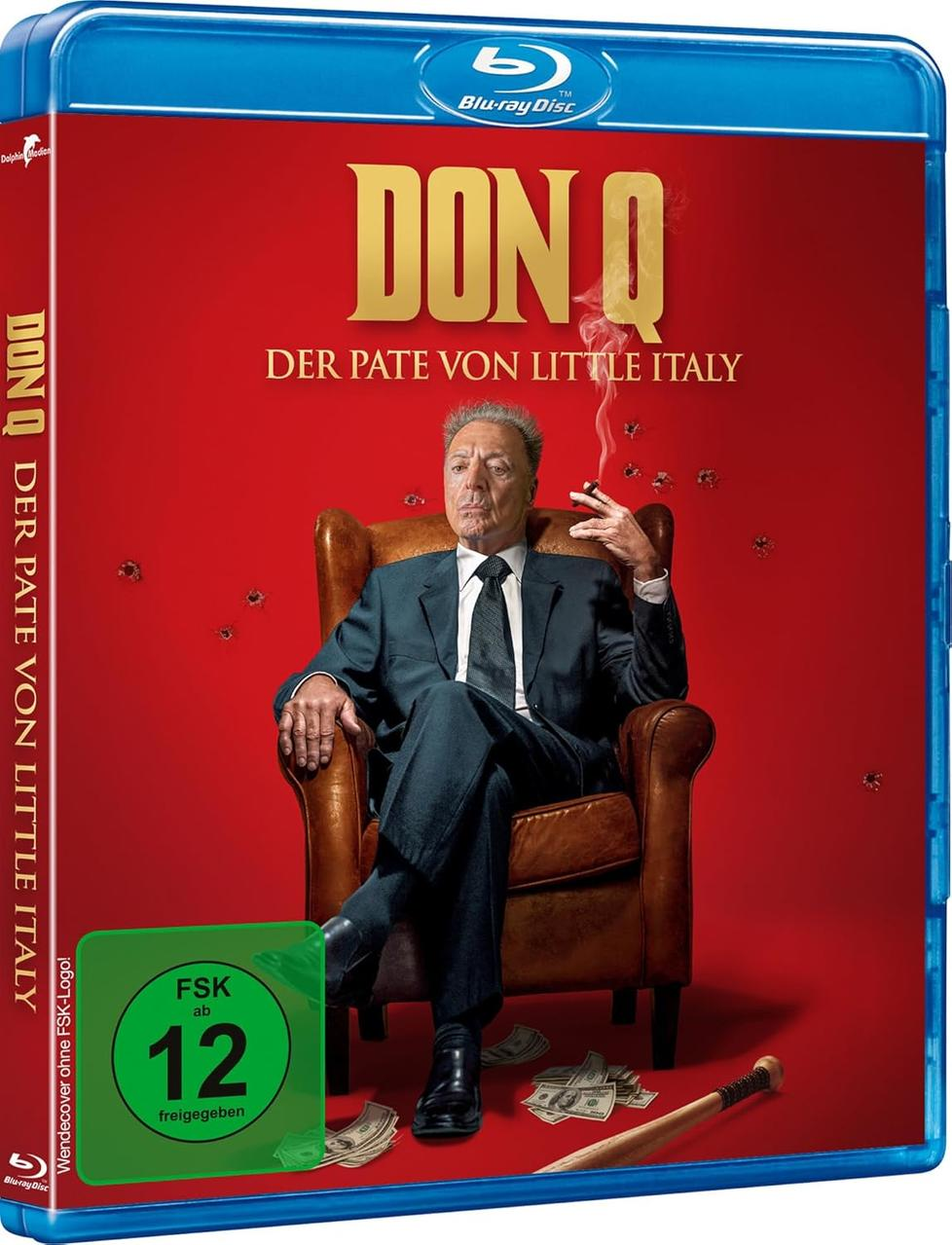 Blu-ray-Cover: Ein Mann im Anzug sitzt rauchend in einem Stuhl. Text: Don Q, Der Pate von Little Italy.
