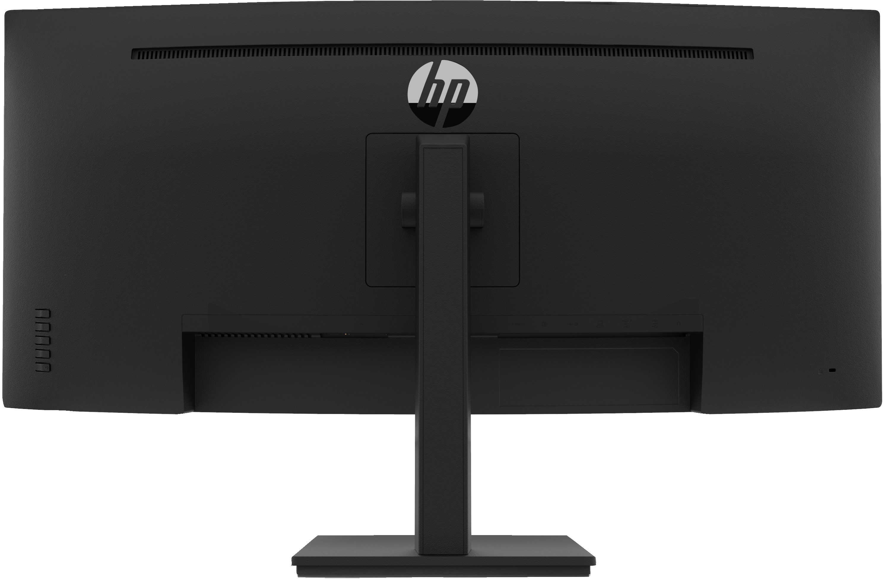Rückseite eines schwarzen Computermonitors mit Ständer und HP-Logo.