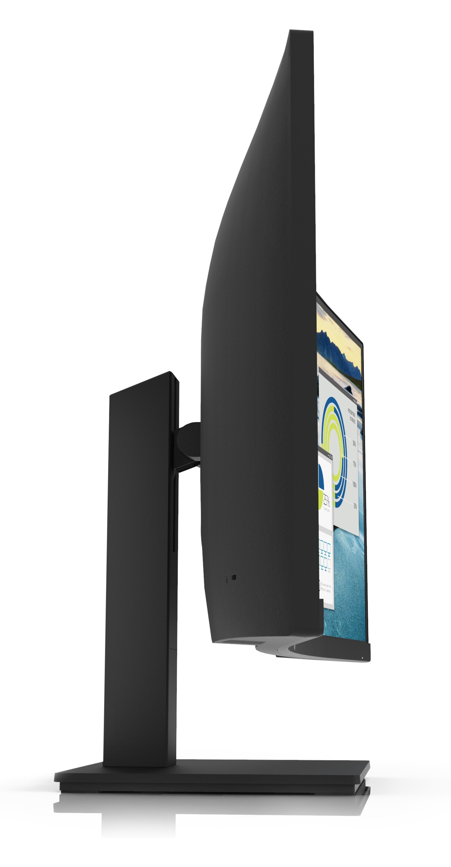 Seitenansicht eines gebogenen Computermonitors auf einem Schreibtisch mit schwarzem Ständer.