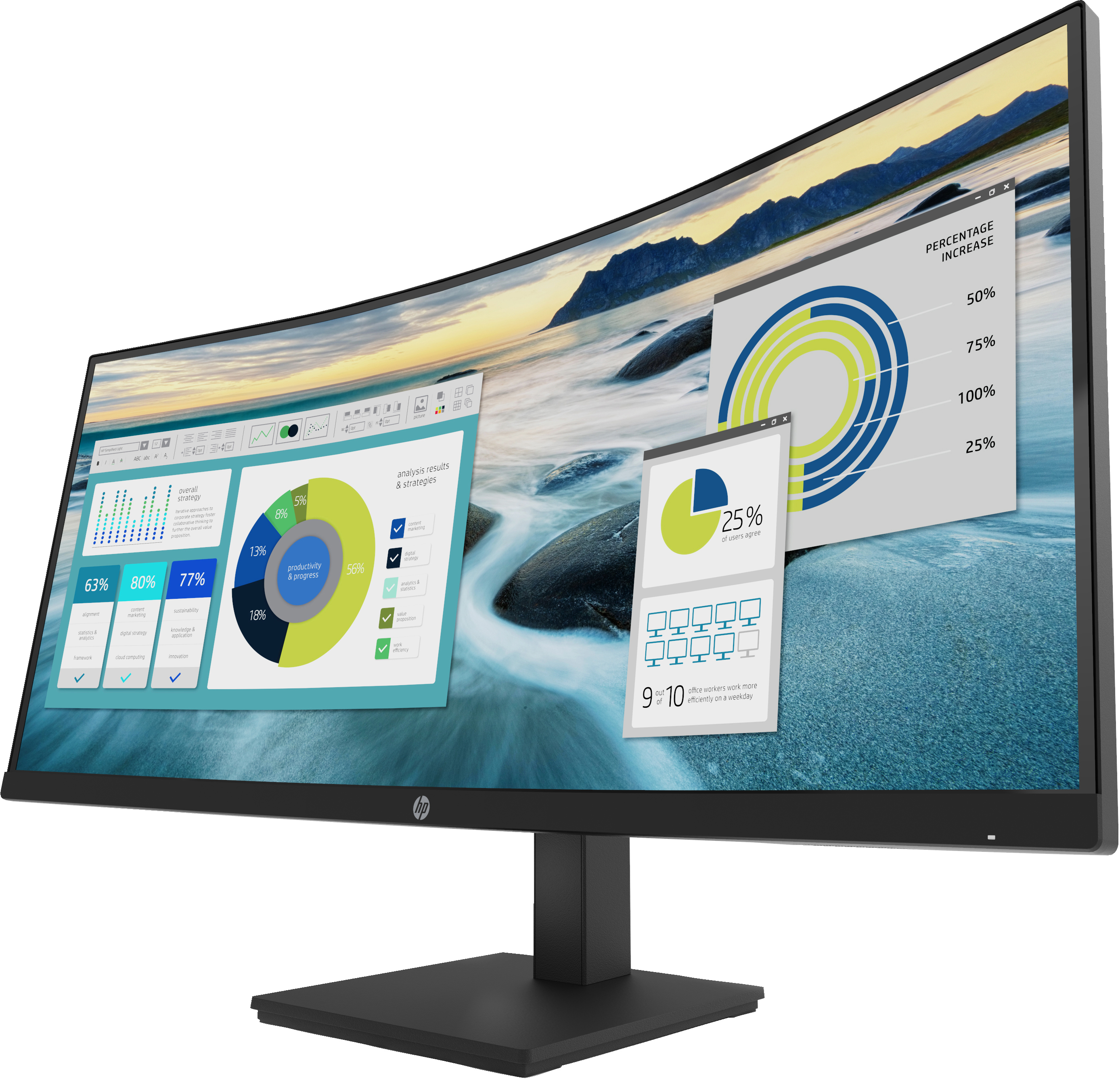 Gebogener Monitor mit Diagrammen und Grafiken, mit Strandhintergrund.
