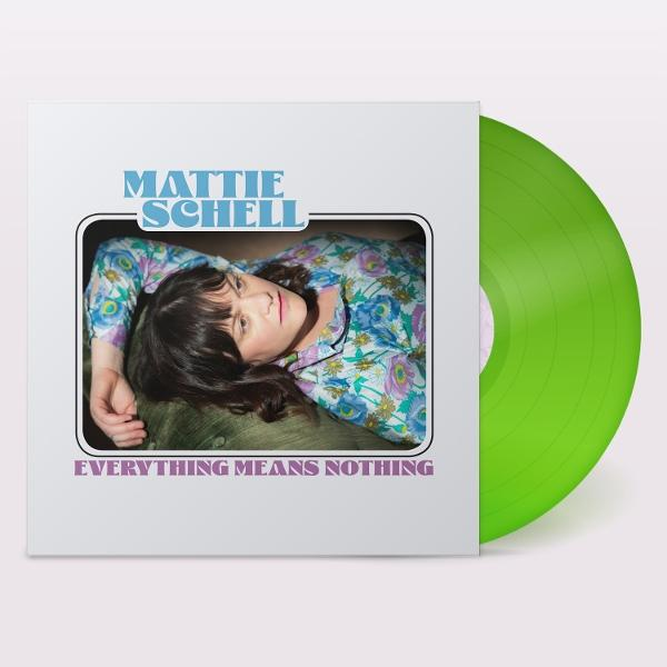 Albumcover. Eine Frau in geblümtem Hemd liegt. Grüne Vinyl-Schallplatte rechts vom Albumcover.