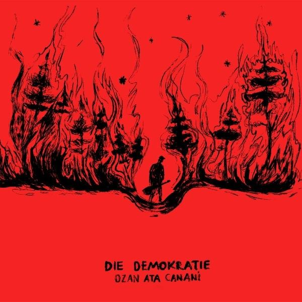 Albumcover: Ein Mann steht in einem brennenden Wald. Roter Hintergrund.