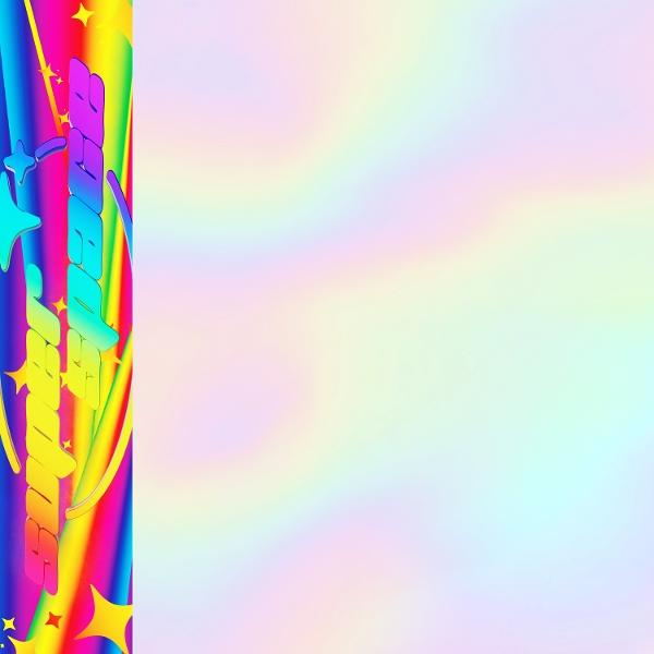 Albumcover: Ein regenbogenfarbenes Design mit einem Text auf der linken Seite.