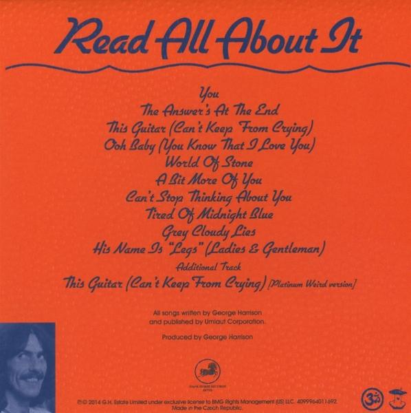 Albumrückseite mit Songtiteln und Credits auf orangefarbenem Hintergrund. Read All About It.