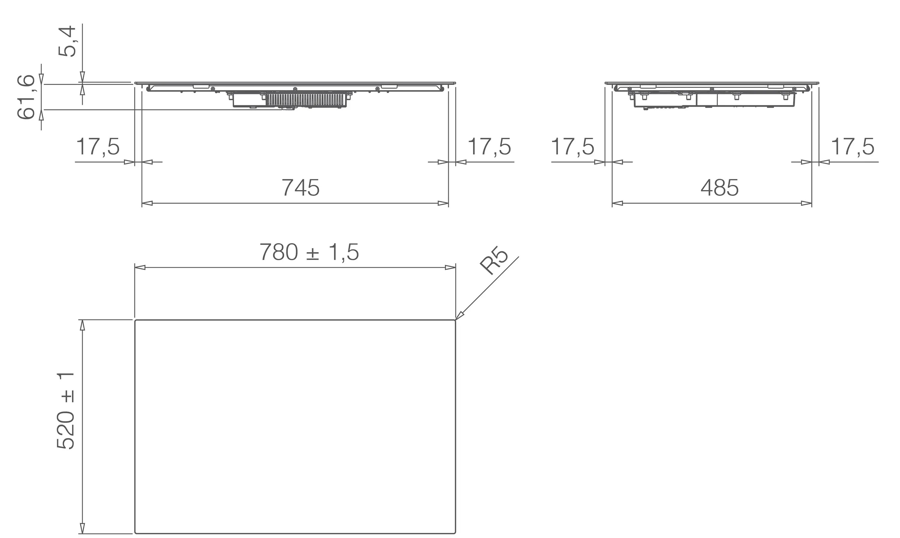Rysunek techniczny płyty indukcyjnej z wymiarami w milimetrach, widok z boku.
