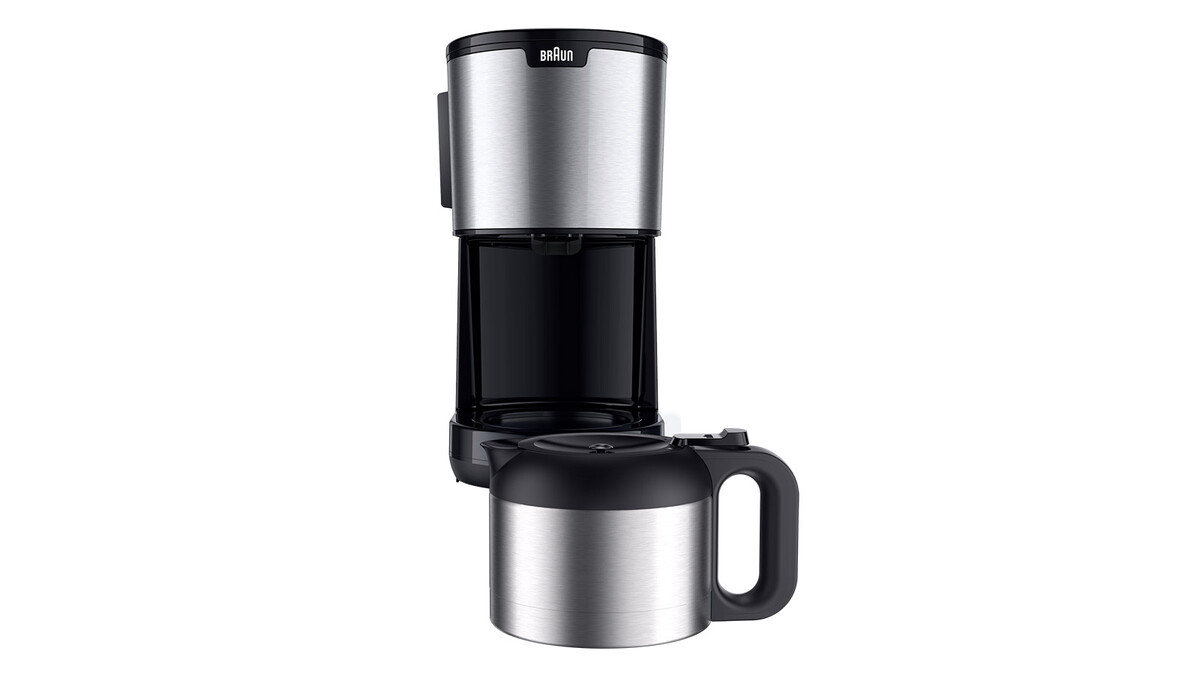 Kaffeemaschine, silber und schwarz, mit separater schwarzer und silberner Karaffe.