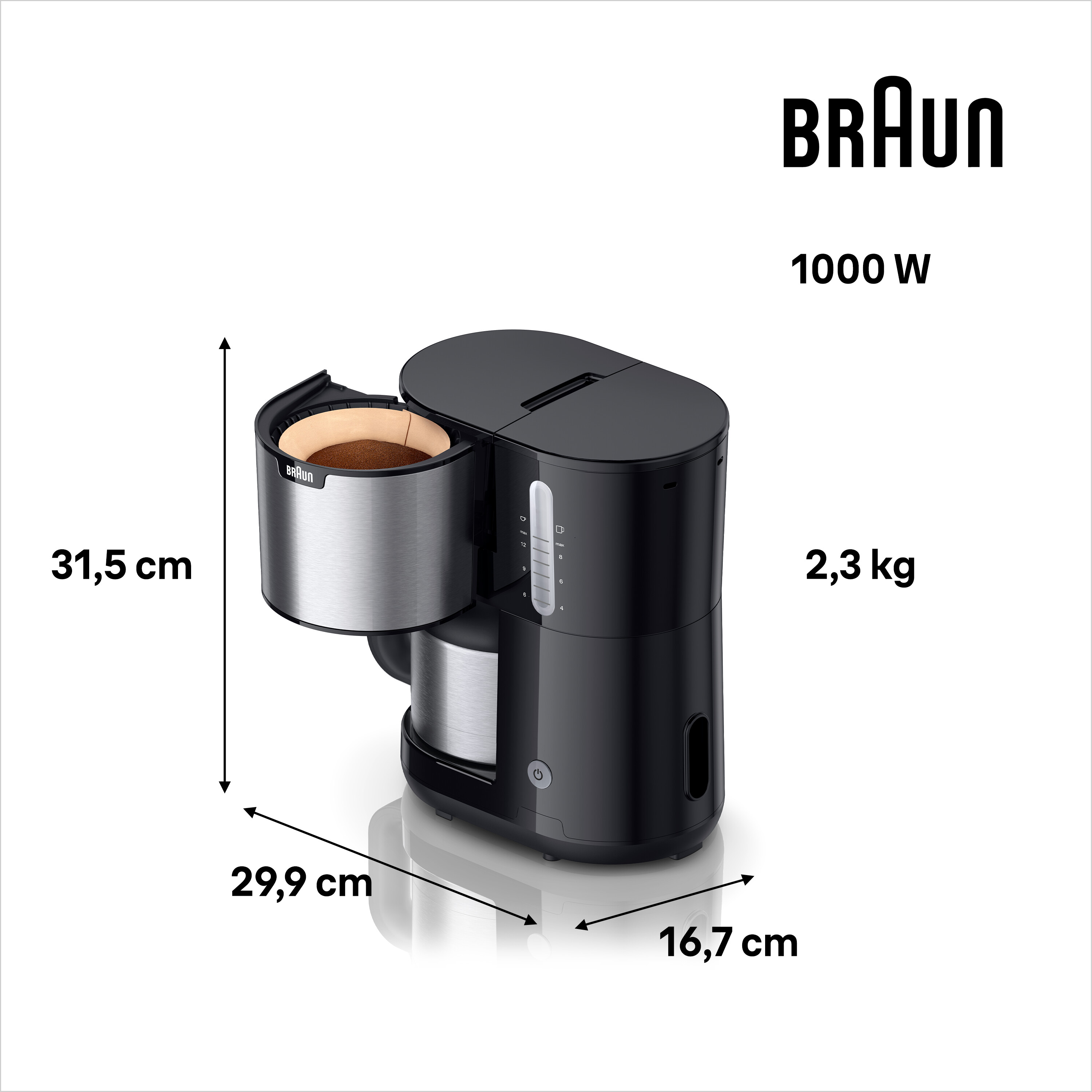 Kaffeemaschine mit Abmessungen, Marke Braun und technischen Details.
