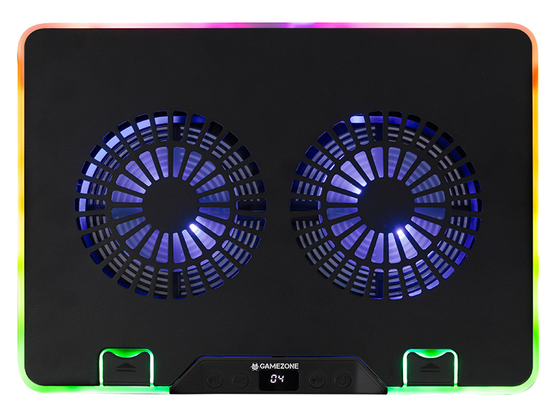 Czarna podkładka chłodząca do laptopa z dwoma wentylatorami, światłami RGB i podstawką.