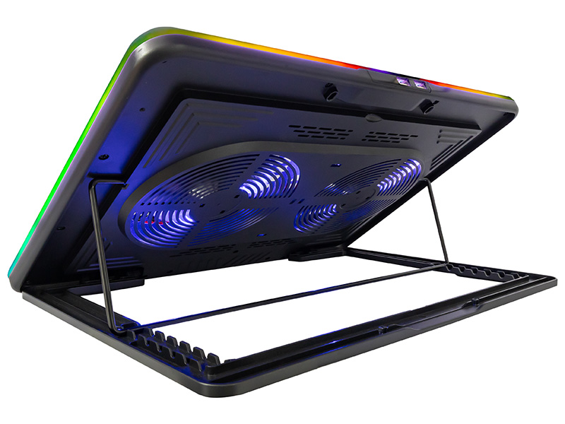 Czarna podkładka chłodząca do laptopa ze światłami RGB wzdłuż krawędzi.